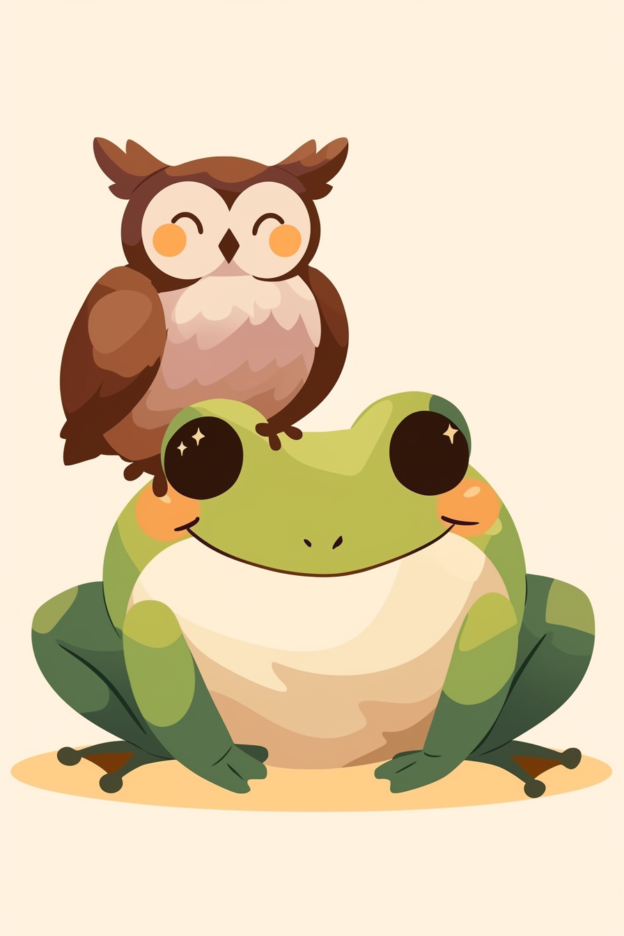 halloween frog drawing ideas 2 featuring a frog with a night owl perched on its head, both smiling warmly at each other.